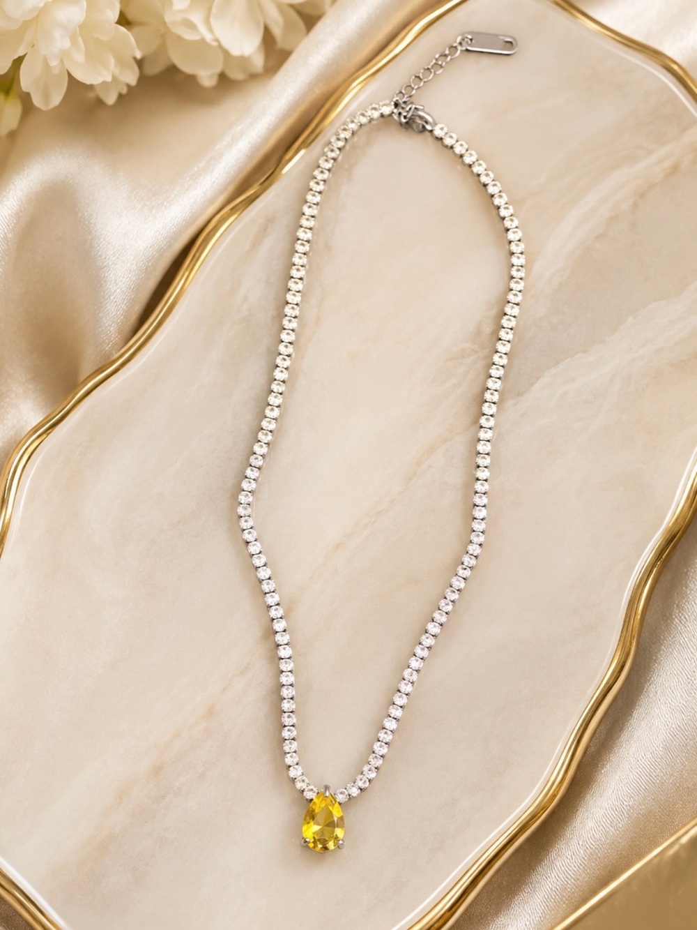 Crystal Tennis Necklace with Yellow Teardrop Pendant